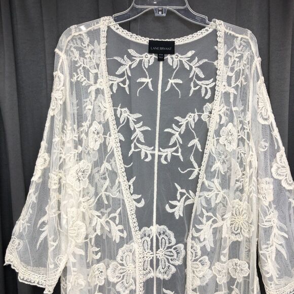 Lane Bryant Size 22/24 Sheer Creme Lace Open Front Cardigan Kimono Embroidered - Picture 4 of 12